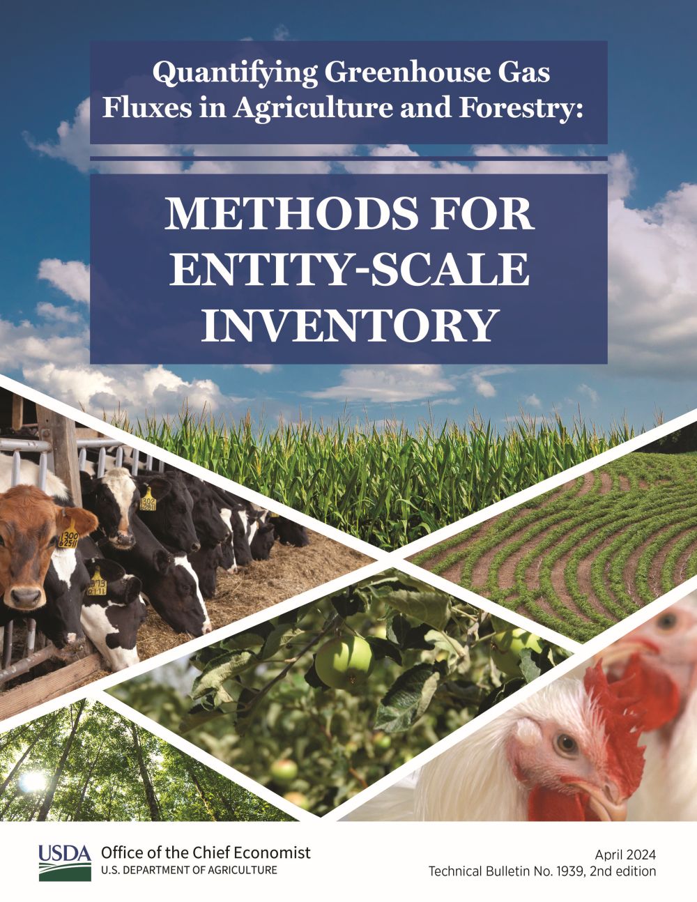 Cover page for the 2024 update to the Methods Report, images of cows, chickens, and corn.