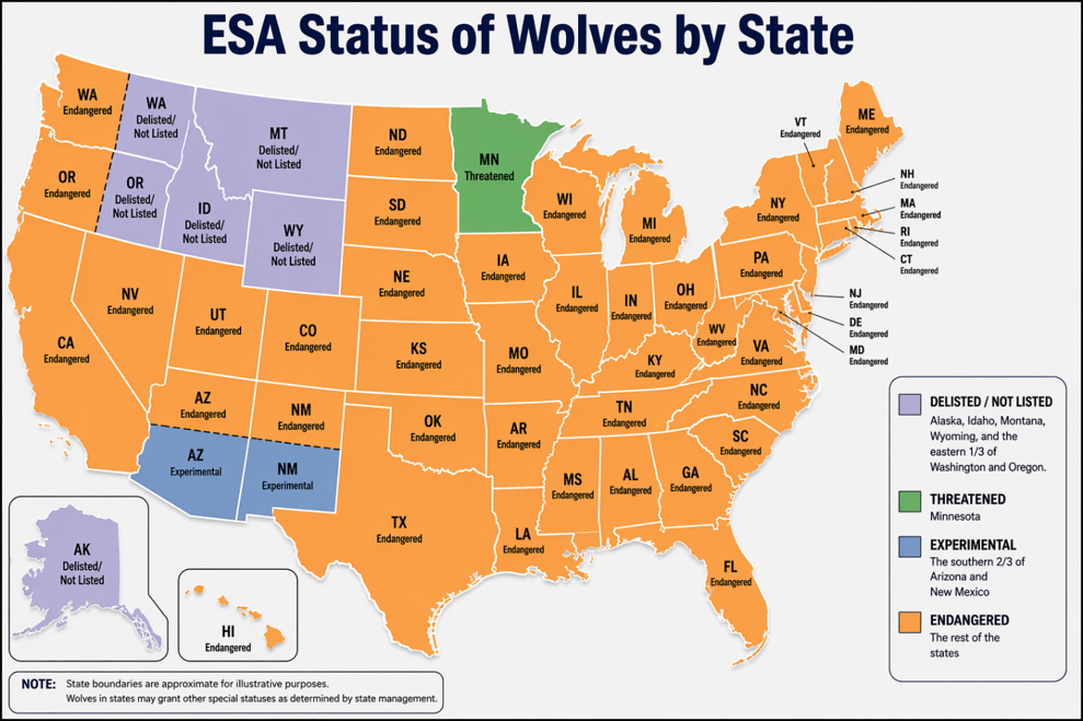 ESA Status of Wolves by State graphic