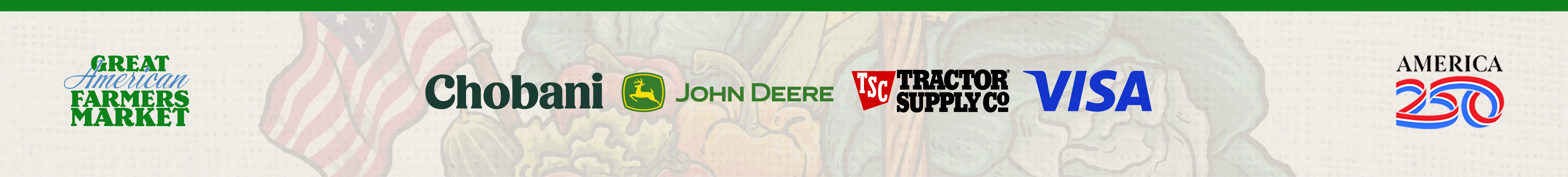 Great American Farmers Market footer listing vendors and America 250 logo