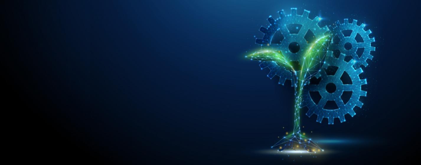 Graphic showing a plant with three circle wheels in the background