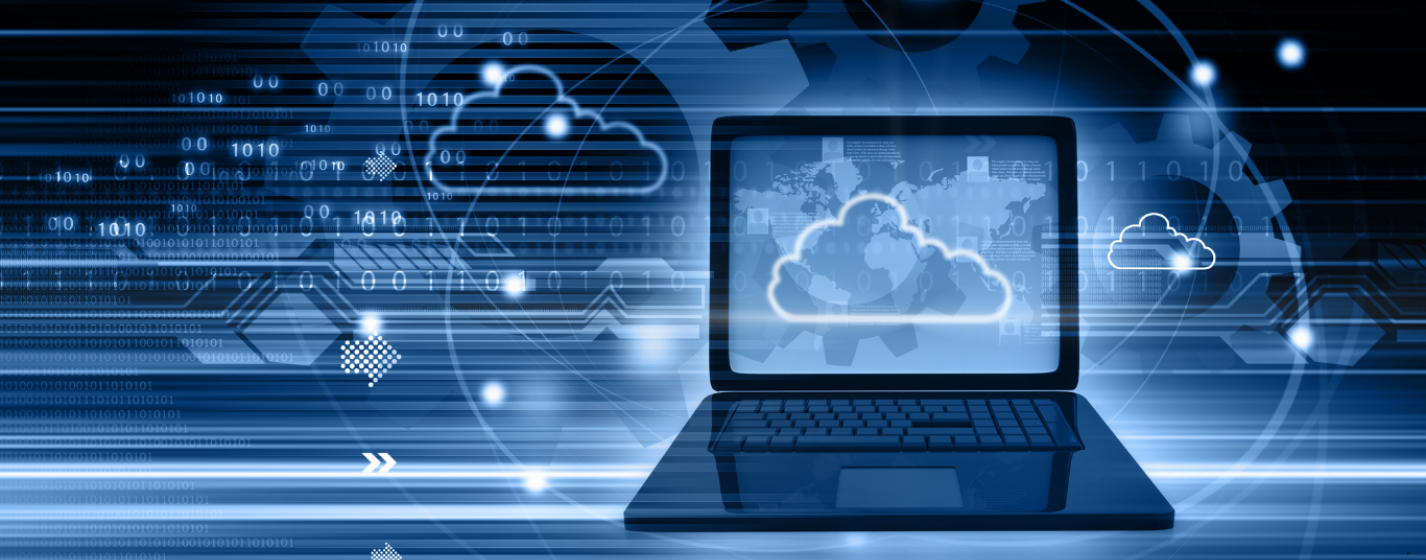 Graphic showing a laptop with abstract background