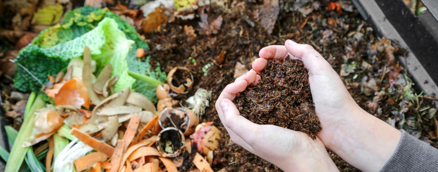 A person holding dirt in a heart shape with compost in the background