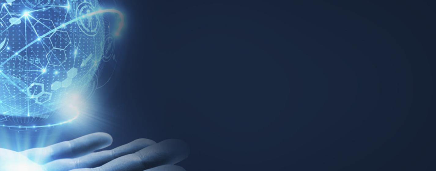 hand holding globe blue background