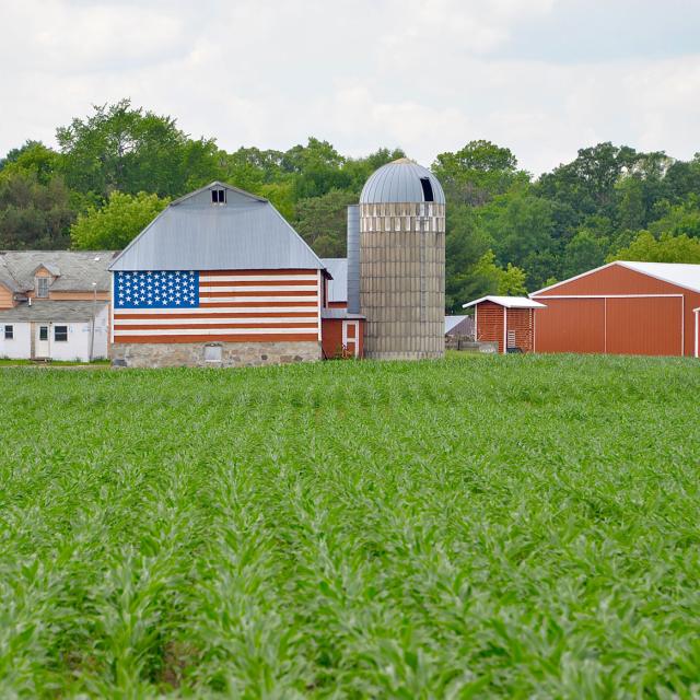 A farm with the USA flag displayed on a barn