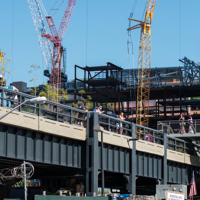 Highrise construction towers above the trees on the High Line