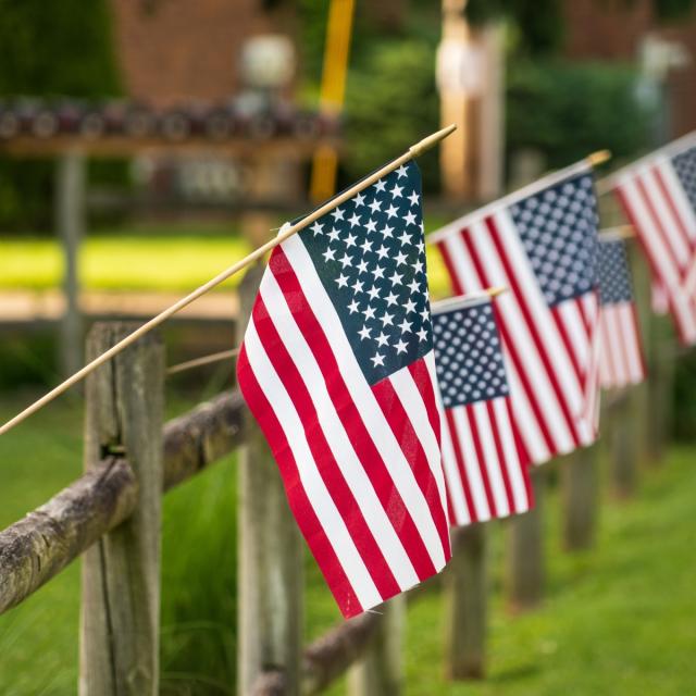 American flags on a wooden fence