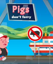 Graphic showing a pig near a boat with a sign 'Pigs don't ferry'