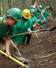Texas Conservation Corps members building new trail in Texas in partnership with Texas Parks and Wildlife.  Texas Conservation Corps is an AmeriCorps service program of American YouthWorks, a nationally recognized nonprofit and charter high school headquartered in Austin, Texas.  Each year the program engages over 100 diverse youth and college-aged young adults  in critical, hands-on conservation and disaster service projects, giving participants the skills and opportunities to solve real life community and