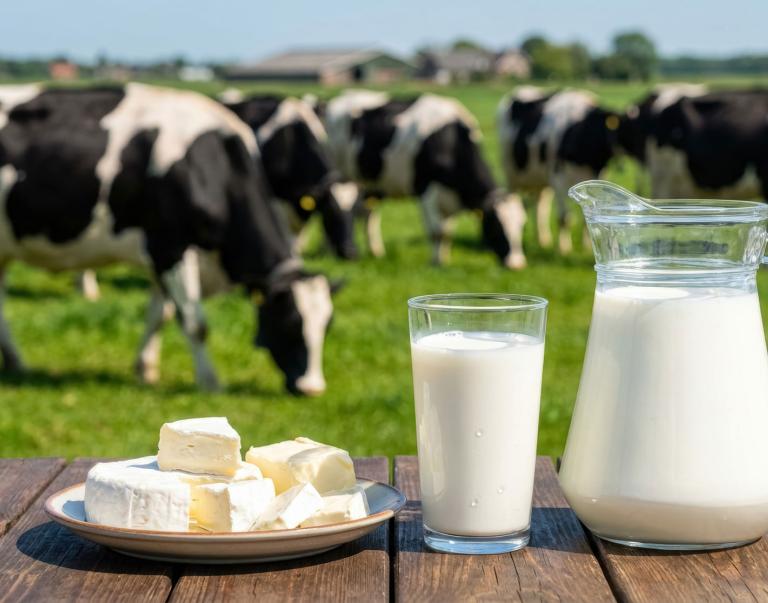 Fresh milk and dairy products on farm table with grazing cows in green pasture countryside