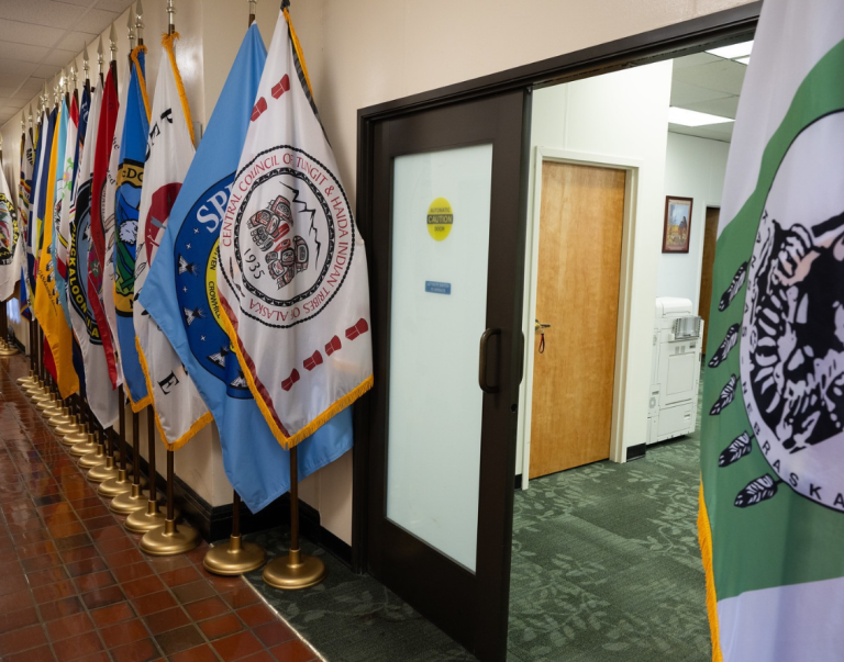 Tribal flags are lined up outside of the Office of Tribal Relations, USDA Headquarters, Washington D.C.