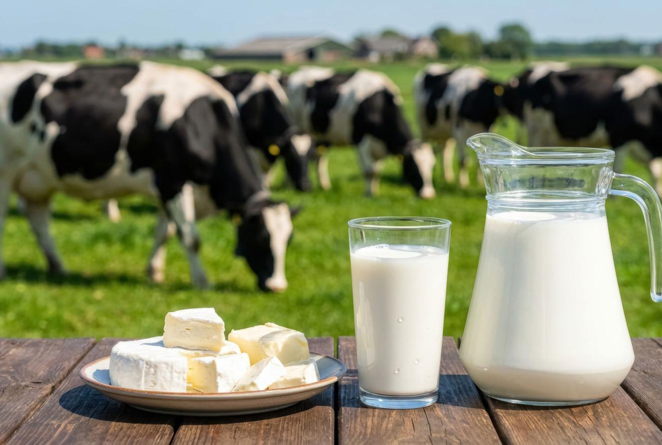 Fresh milk and dairy products on farm table with grazing cows in green pasture countryside