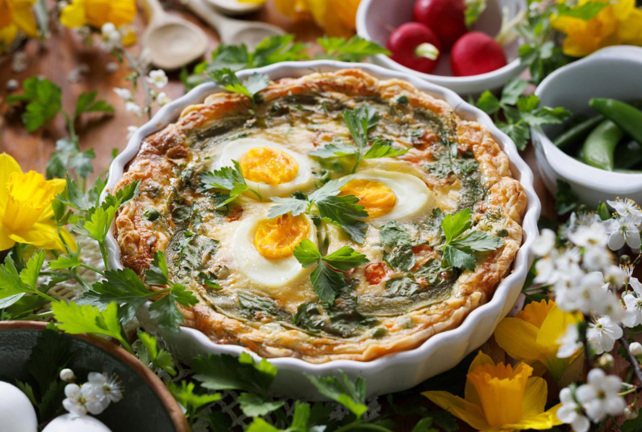 Image showing three eggs in a quiche surrounded by flowers