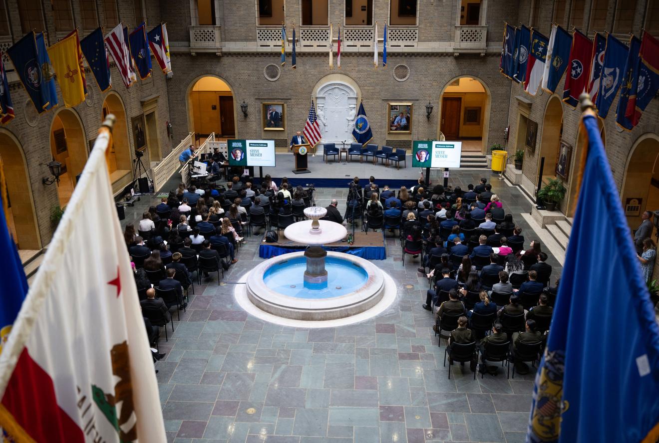 Steve Messeh, Director of the USDA Center for Faith, Director of Students Activities, delivers some remarks during the United States Senate Youth Program visit to the USDA Headquarters