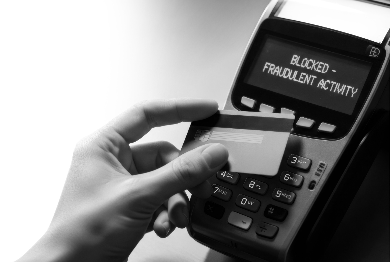 A person putting a card with a message saying blocked - fradulent activity