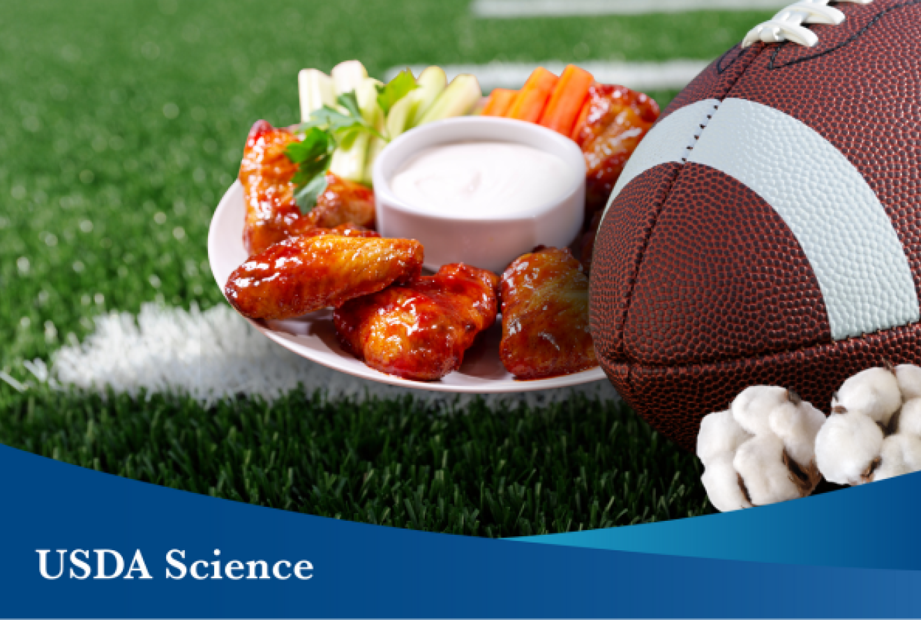 A photo on a sports field with a plate of chicken wings and vegetables, a football, and cotton in the forefront. A blue banner with the text “USDA Science” is overlaying the picture